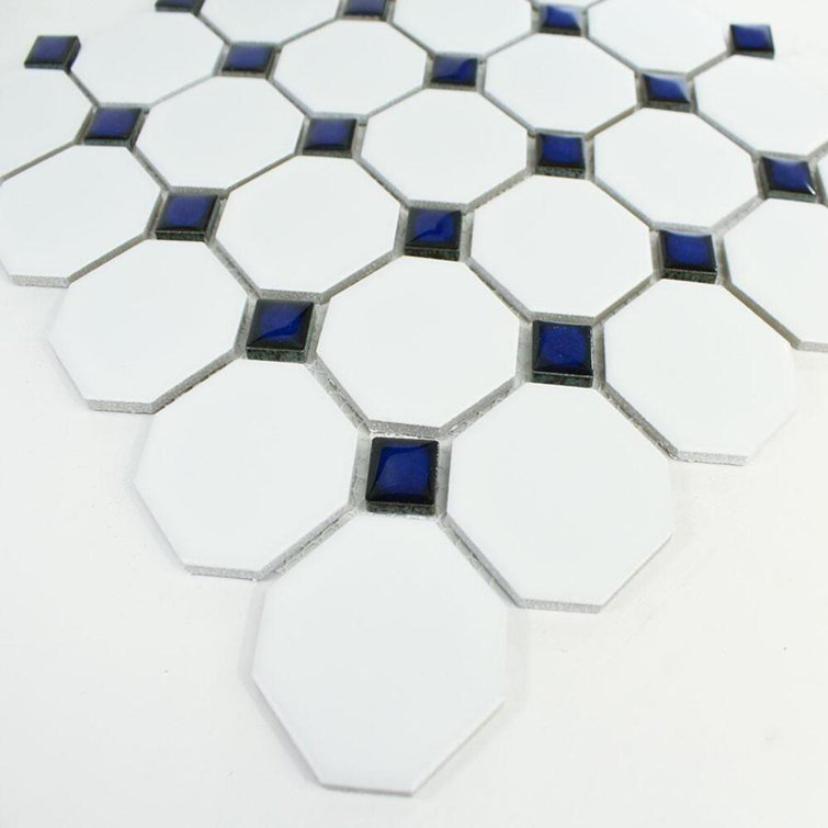 TENEDOS Octagon White/Cobalt Blue Dots Matte Porcelain Mosaic Wall
